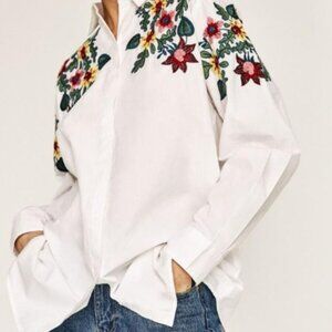 Zara Floral Embroidery Shirt white blouse lapel collar